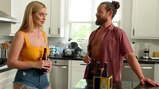 Quickie in the kitchen ends down cum in mouth for Blake Blossom